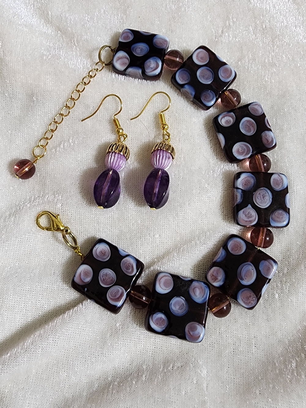 Handmade Purple Glass Bead Necklace and Earrings Set